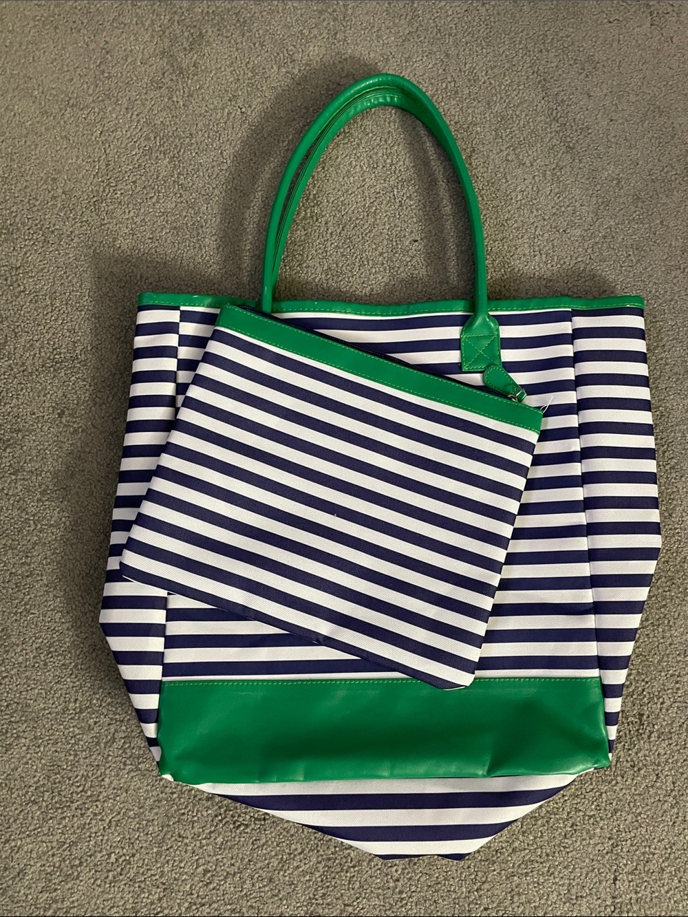 Source Unknown Navy & White Striped Tote with Green Trim